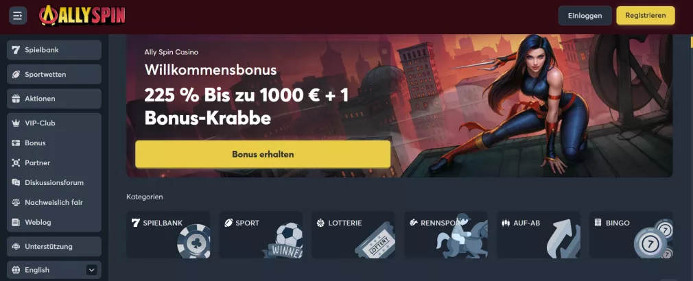 Allyspin Casino – 225% Willkommensbonus bis zu 1.000 € für neue Spieler in Deutschland